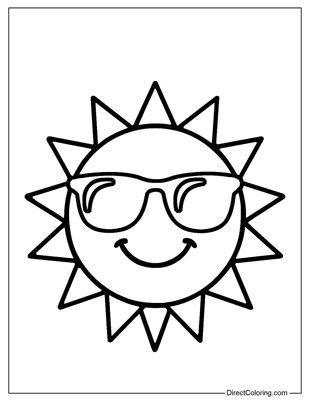 Happy Sun coloring page wearing sunglasses, cartoon style, bold outlines easy to color.